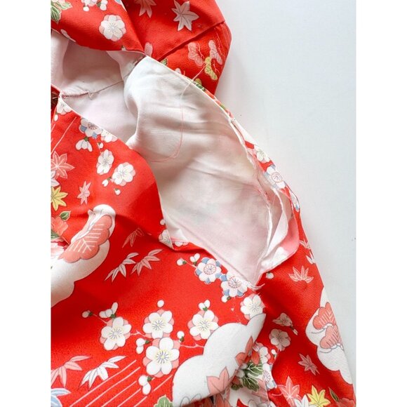 Vintage Made in Japan Red Oriental Japanese Floral Print Kimono, One Size - Picture 10 of 16
